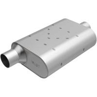 Magnaflow Rumble Muffler - 2-1/4 in Offset Inlet - 2-1/4 in Center Outlet - 13 x 4-1/4 x 9-1/2 in Oval Body - 18-1/2 in Long - Stainless