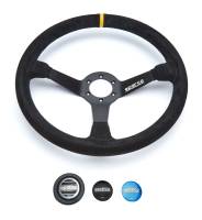 Sparco R 386 Steering Wheel - 380 mm Diameter - 65 mm Dish - 3-Spoke - Black Suede Grip - Black